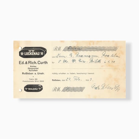 ドイツ　ヴィンテージペーパー　領収書　WW LUCKENAU　1934年