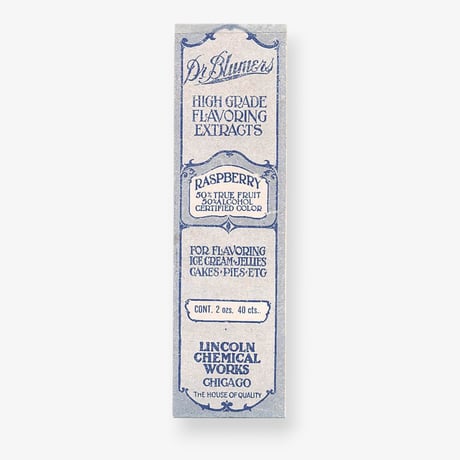 アメリカ　香料のラベル　Dr. Blumers Raspberry 50% Alcohol(1930s)