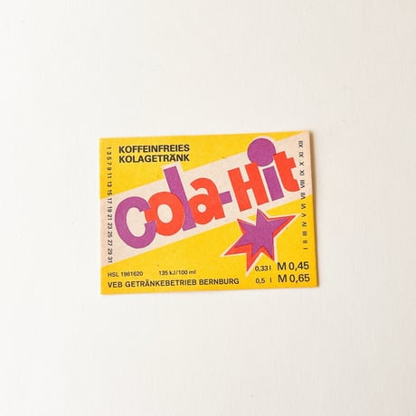 東ドイツ　Cola-Hit　ドリンクのラベル　ラベル　コーラ