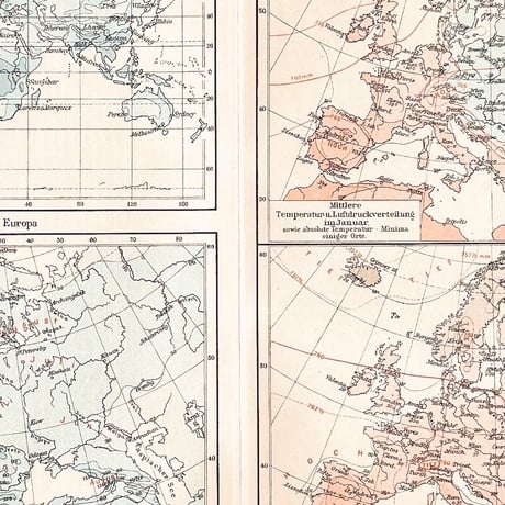 ドイツ　古地図　ヴィンテージ見開き図版　METEOROLOGISCHE KARTEN II　両面印刷