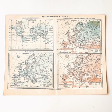 ドイツ　古地図　ヴィンテージ見開き図版　METEOROLOGISCHE KARTEN II　両面印刷