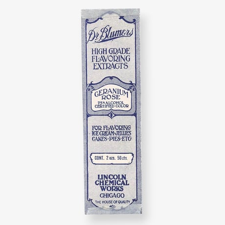 アメリカ　香料のラベル　Dr. Blumers Geranium Rose (1930s)