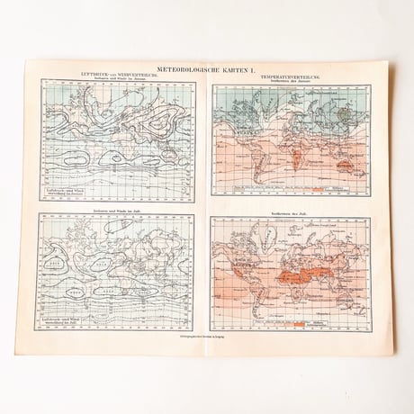 ドイツ　古地図　ヴィンテージ見開き図版　METEOROLOGISCHE KARTEN I　両面印刷