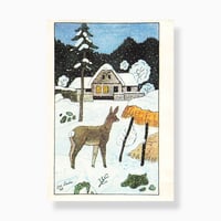 チェコスロバキア　ヨゼフ・ラダ　雪道にいる鹿の後ろ姿　ポストカード