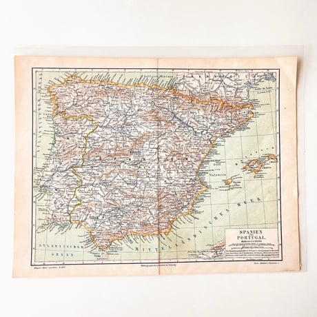 ドイツ　古地図　ヴィンテージ見開き図版　SPANIEN PORTUGAL