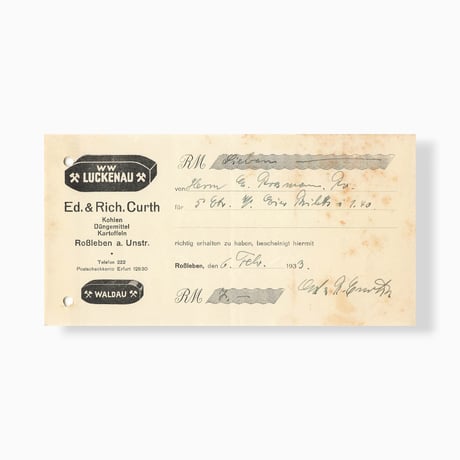 ドイツ　ヴィンテージペーパー　領収書　WW LUCKENAU　1934年
