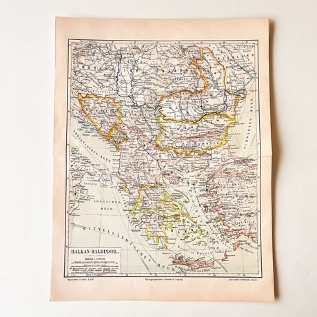 ドイツ　古地図　ヴィンテージ見開き図版　BALKAN,TURKISCHES　両面印刷