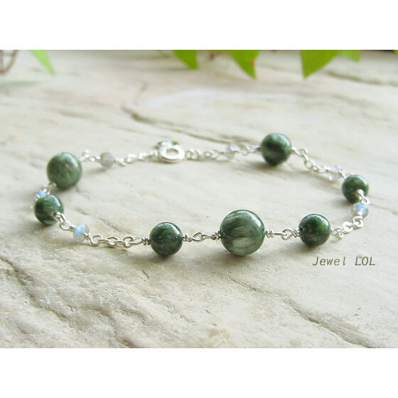 サラちゃん様◆御守ブレスレット【銀線 白蛇天珠】アゼツライト ライモナイト 細身 セラフィナイト&ラブラドライト ブレスレット/シルバー（Mサイズ