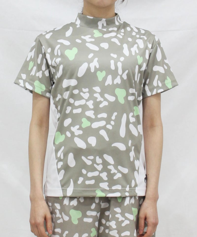 リカオン柄配色モックネック（半袖）〔オフホワイト/ネイビー/ブラック