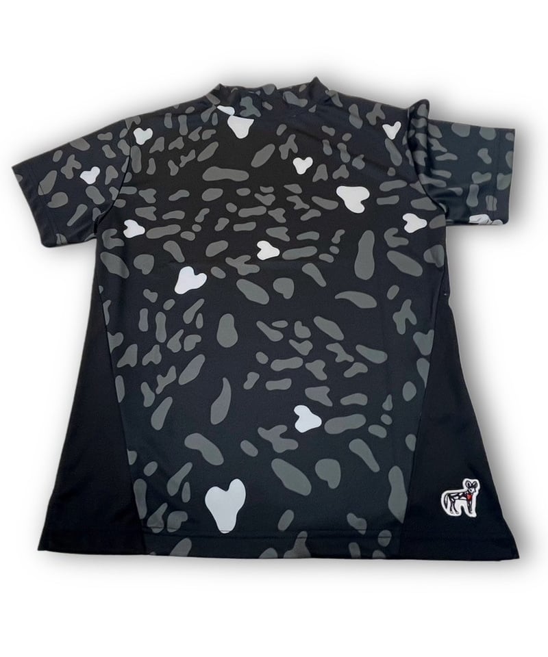 リカオン柄配色モックネック（半袖）〔オフホワイト/ネイビー