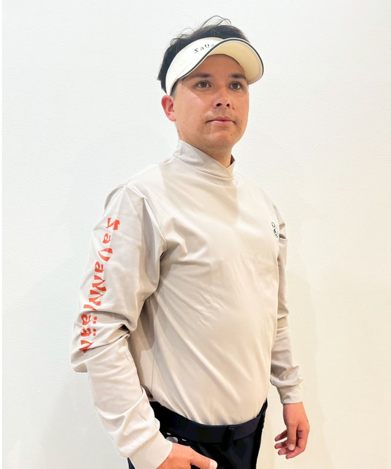 裏起毛右袖ロゴモックネックシャツ〔オフホワイト/グレージュ/ブルー