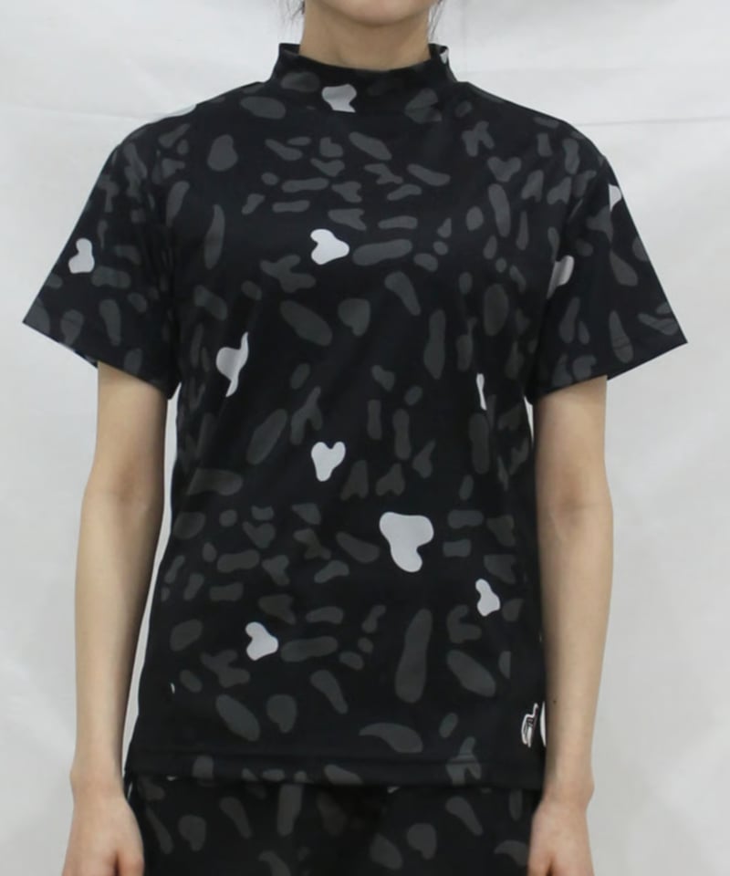 リカオン柄配色モックネック（半袖）〔オフホワイト/ネイビー/ブラック