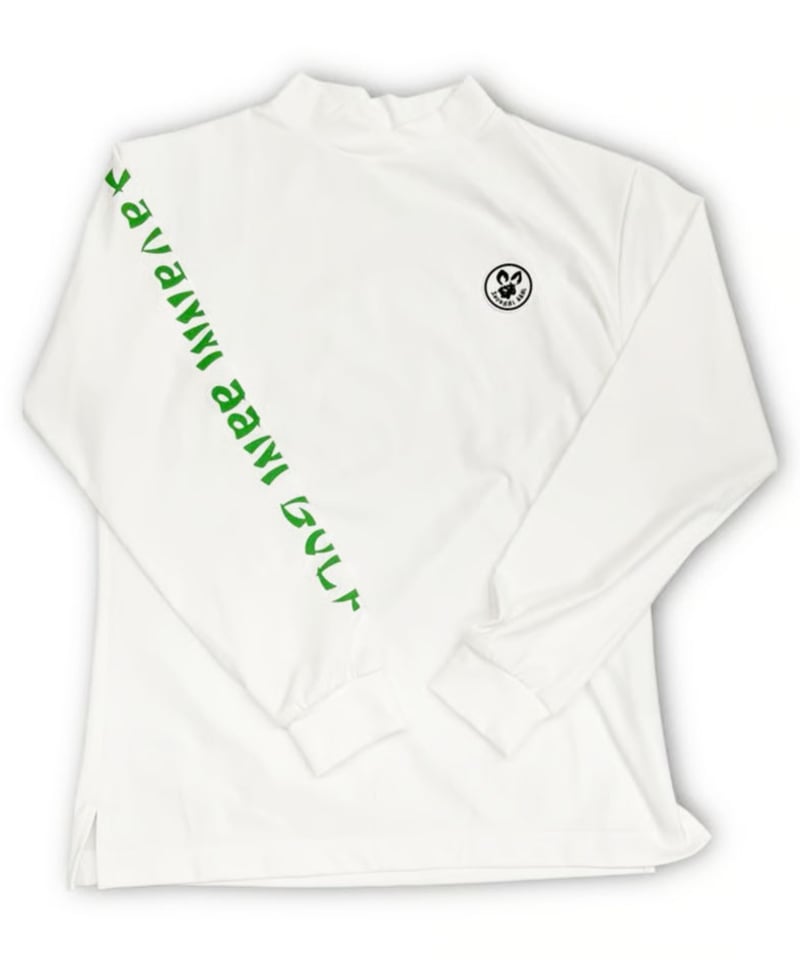 裏起毛右袖ロゴモックネックシャツ〔オフホワイト/グレージュ/ブルー