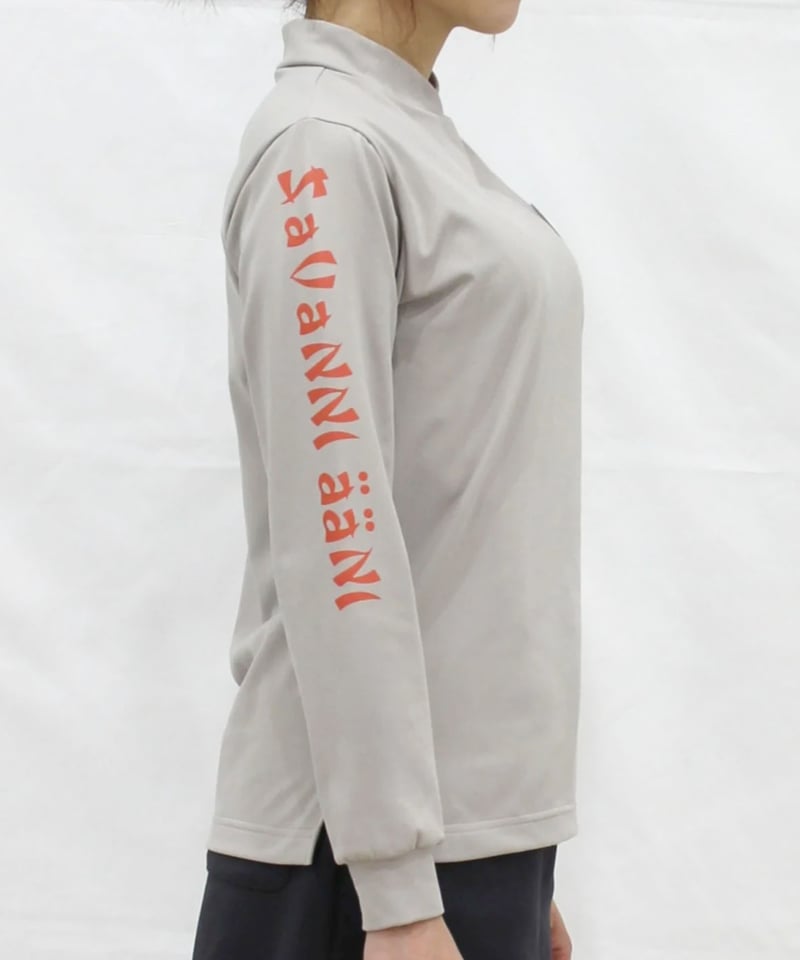 裏起毛右袖ロゴモックネックシャツ〔オフホワイト/グレージュ/ブルー