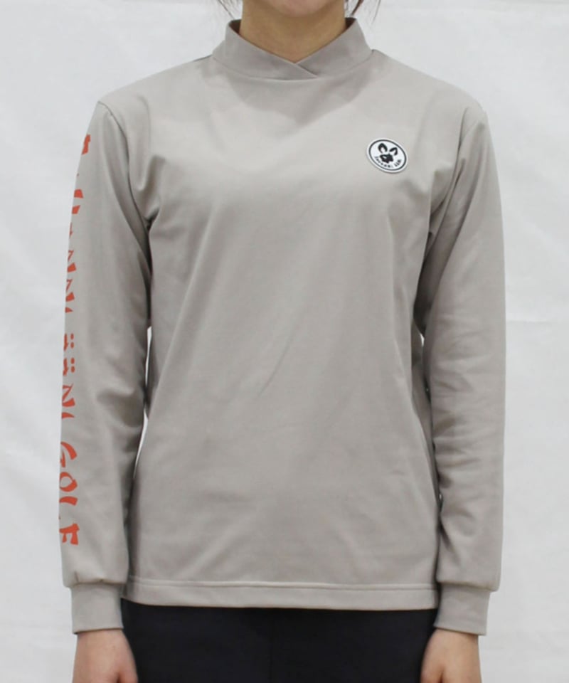 裏起毛右袖ロゴモックネックシャツ〔オフホワイト/グレージュ/ブルー