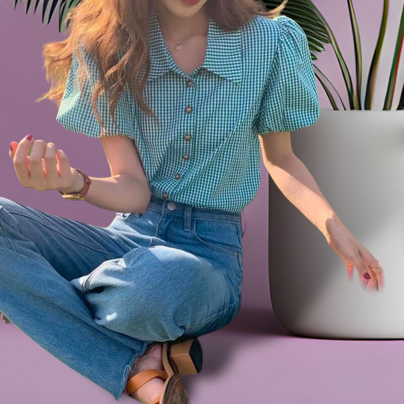 BURBERRY BLUE LABEL パフスリーブ ギンガムチェックブラウス BURBERRY BLUE LABEL パフスリーブ ギンガムチェックブラウス