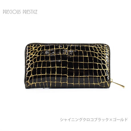 ラウンドジップM　シャイニングクロコブラックゴールド