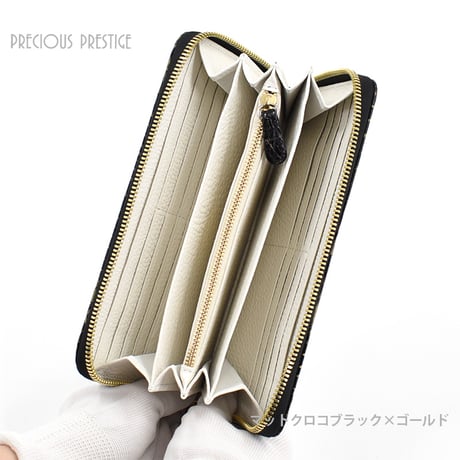 ラウンドジップM　マットクロコブラックゴールド
