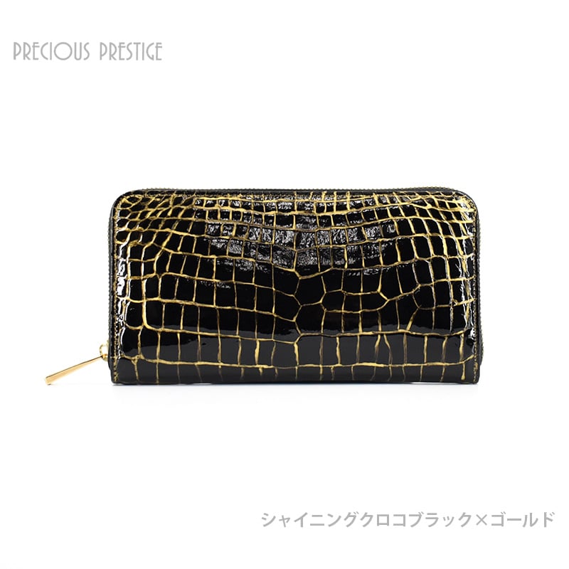 定価25万PRECIOUS PRESTIGE ラウンドジップ シャイニングクロコ ラウンドジップM シャイニングクロコブラックゴールド | precious-prestige