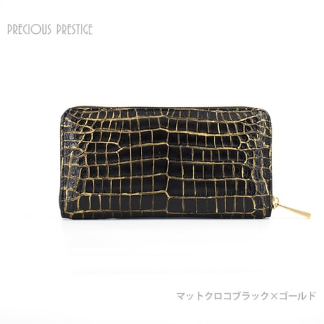 ラウンドジップM　マットクロコブラックゴールド