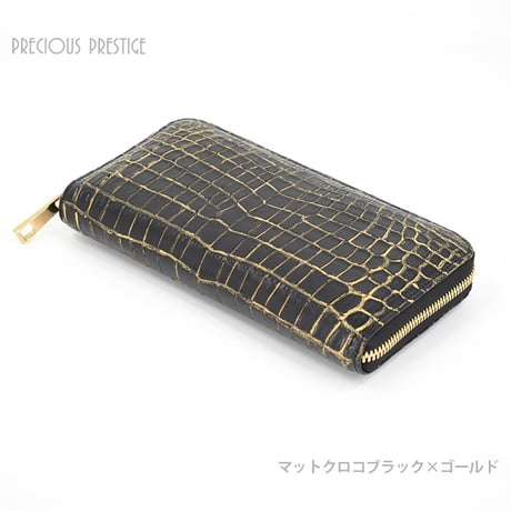 ラウンドジップM　マットクロコブラックゴールド