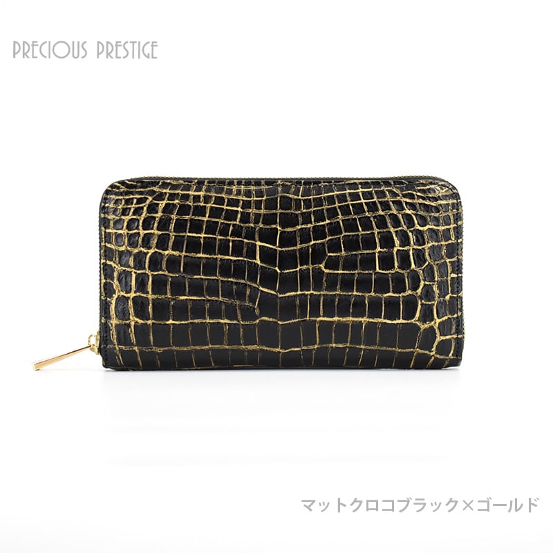 ラウンドジップM マットクロコブラックゴールド | precious-prestige