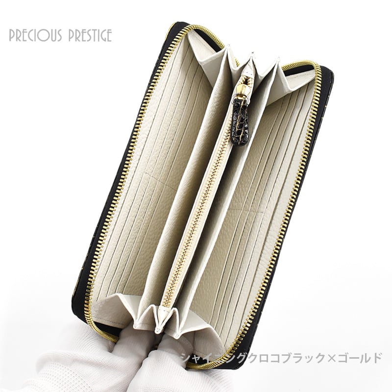 ラウンドジップM シャイニングクロコブラックゴールド | precious-prestige