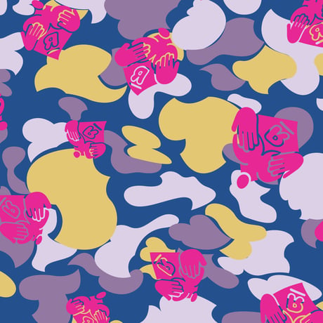 グラマラスカモ手ぬぐい（ブルー×イエロー×グレー×ピンク）Glamorous Camouflage Tenugui