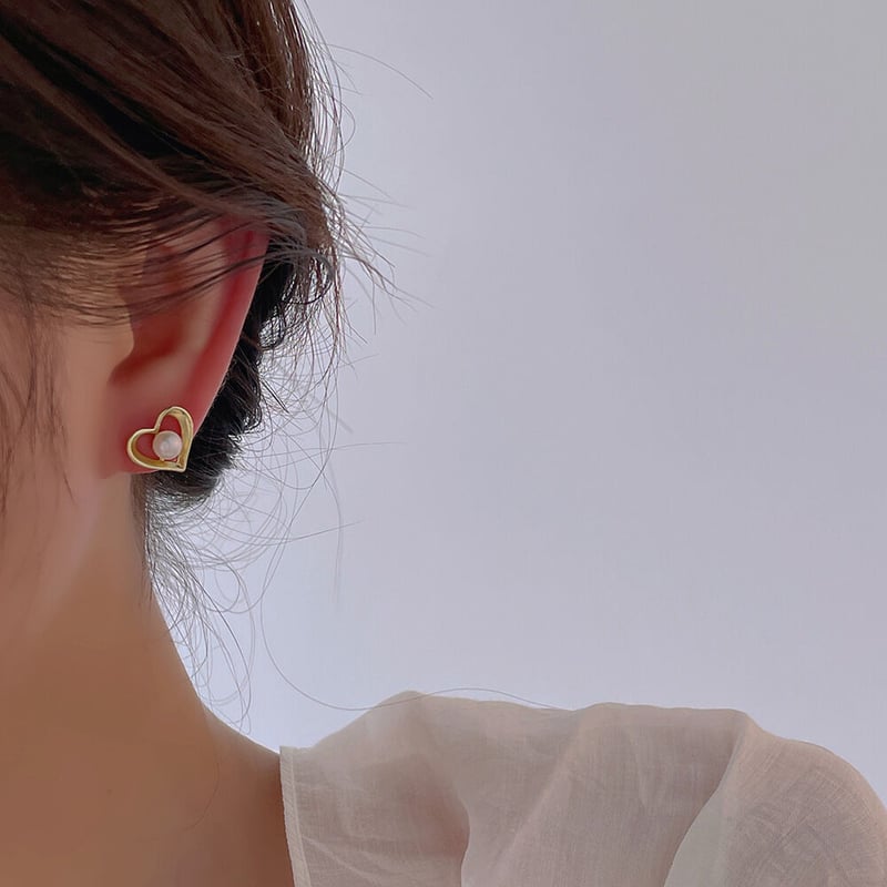 韓国ジュエリー パールハートピアス ジンジュハトゥクィゴリ