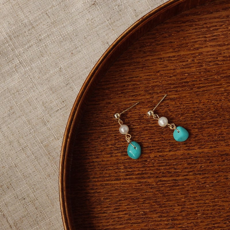韓国ジュエリー ターコイズパールドロップピアス ジンジュクィゴリ 