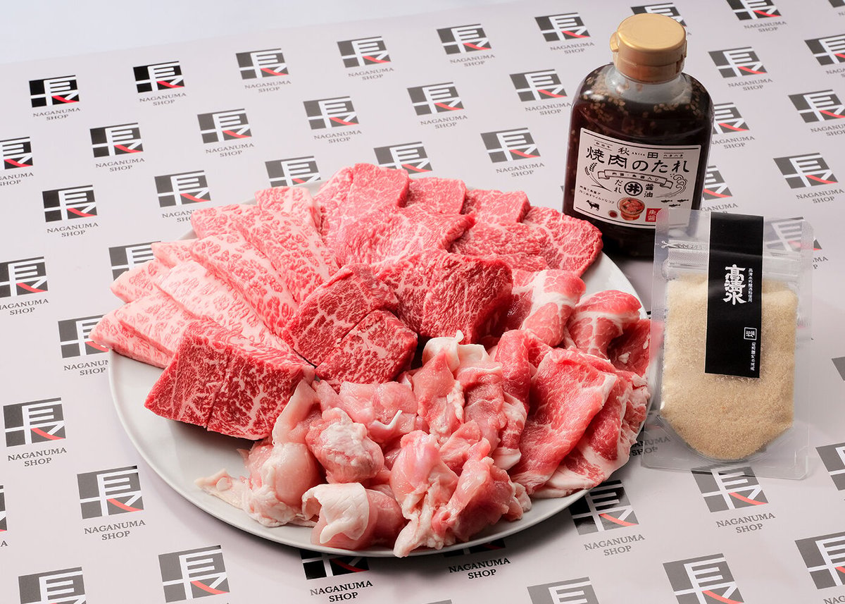 秋田牛・桃豚・比内地鶏】彩り焼肉セット 焼肉のたれ 高清水の塩 3〜4