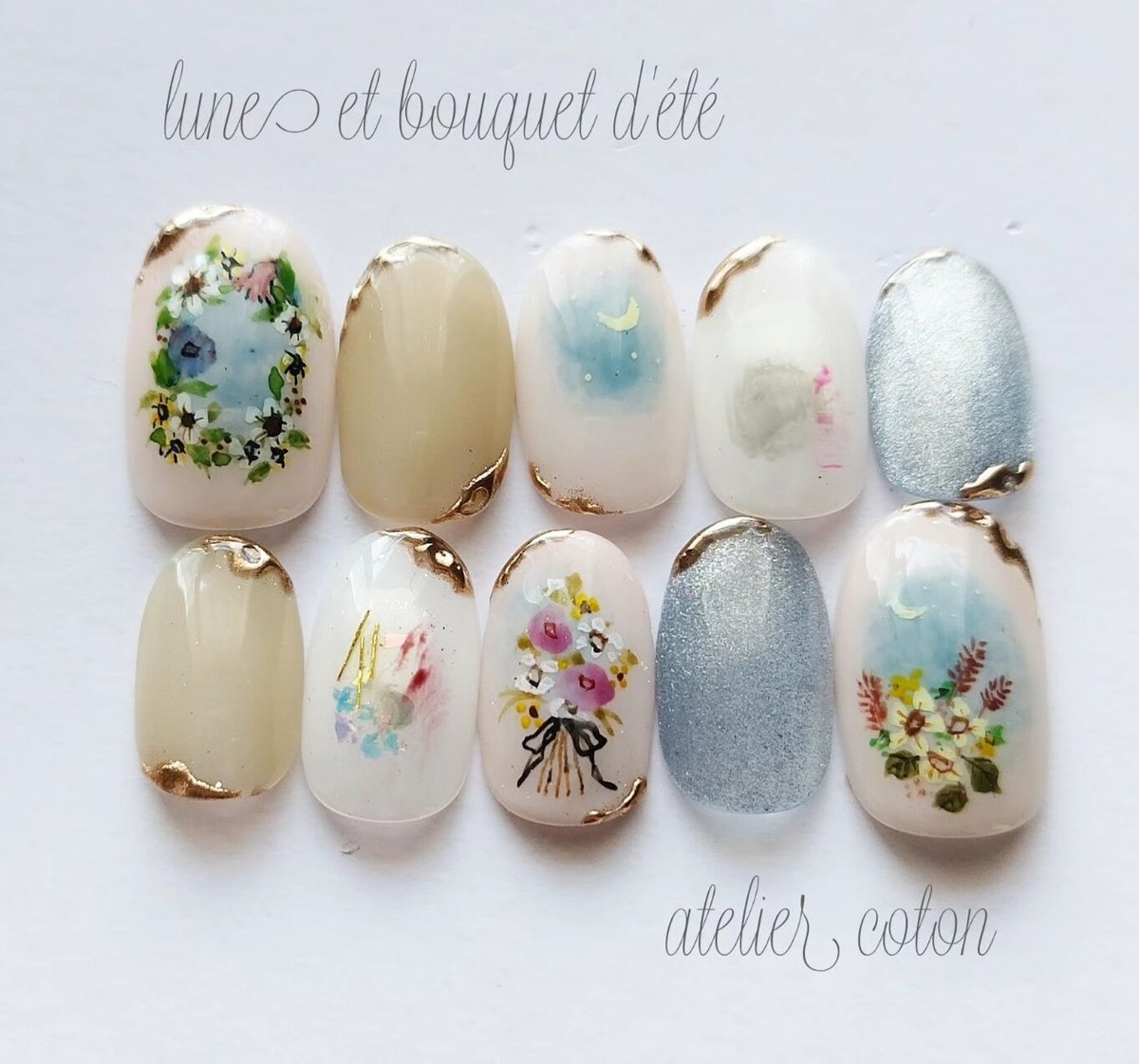 優しい手描き♡お花と月のネイル | ネイルチップ専門店 atelier coton