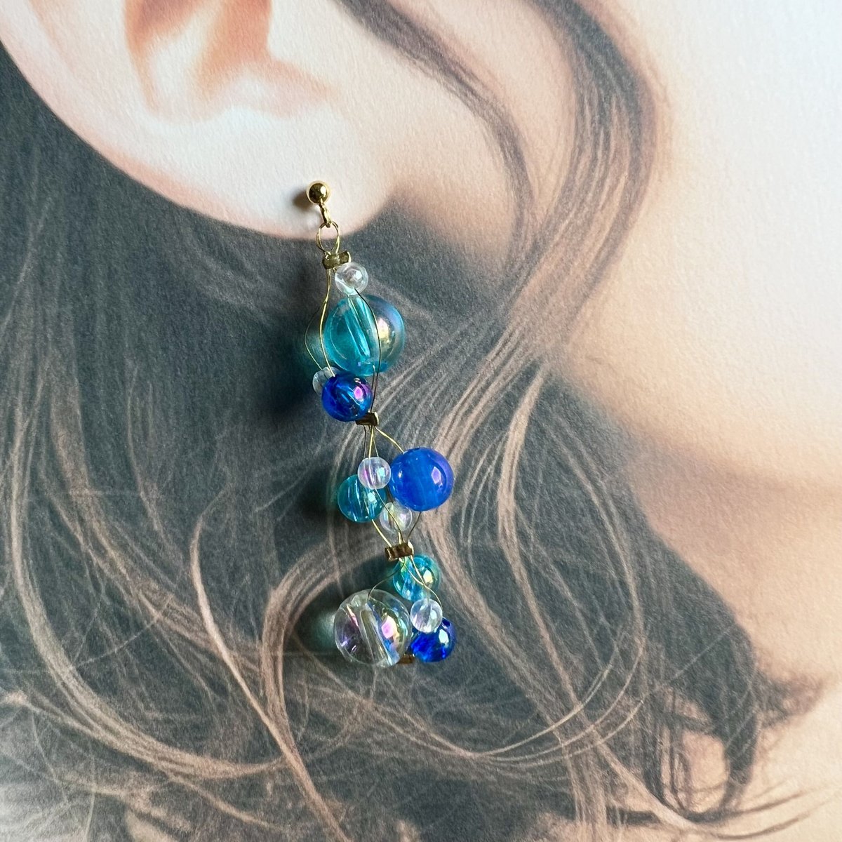 173 長方形　ブルー　マーブル　リング ピアス イヤリング　ハンドメイド ブルーのバブルピアス・イヤリング | peth handmade accessory store