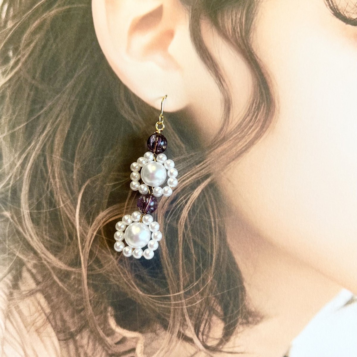 パールビーズのフラワーピアス・イヤリング | peth handmade accessory 