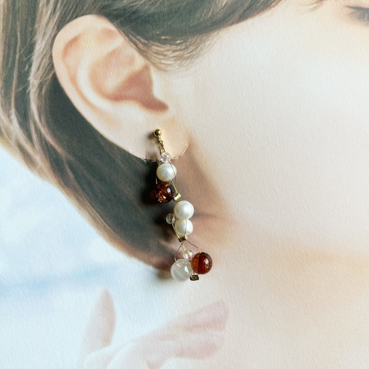 ☆❤️ どんぐり　木製　淡水パール　パール　秋　ピアス　イヤリング 淡水パールのバブルピアス・イヤリング | peth handmade accessory store
