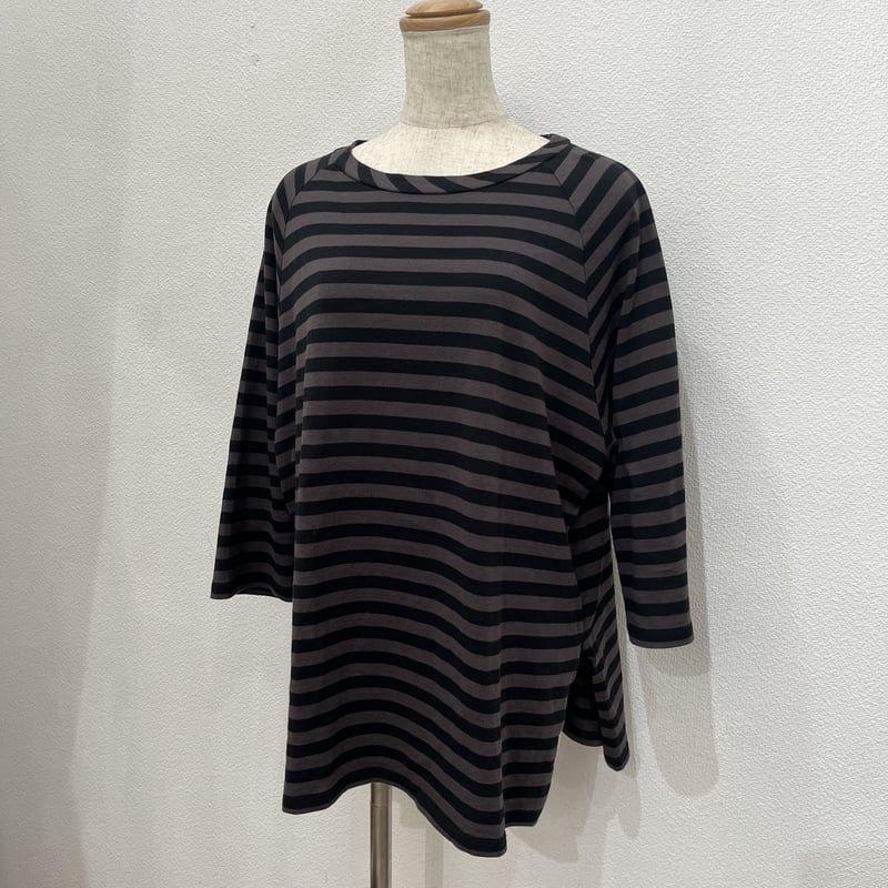 homspun 40/2天竺ボーダー七分袖PO 222-6411 サイドスリット Ｔシャツ カットソー ブラック グレー レディース ホームスパン【中古】6-0301M∞ Homspun ホームスパン 40/2天竺ボーダー七分袖PO #グレー/ブラック