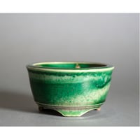 ミニ盆栽鉢　織部釉 丸盆栽鉢　小さな盆栽鉢　國井正子盆栽鉢　盆栽鉢作家　p1382