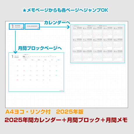 2025年間カレンダー＋月間マンスリーブロック＋月間メモ 【日曜始まり】【全頁リンク付】【ヨコ】【商品No.25_019sy】