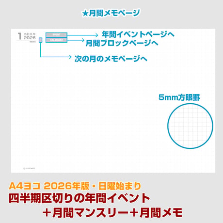 2026年版・四半期区切りの年間イベントメモ＋月間マンスリー＋月間メモ 【日曜始まり】【全頁リンク付】【ヨコ】【商品No.26_022sy】