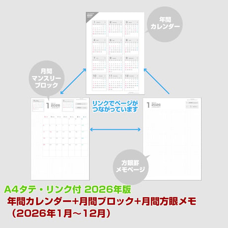 2026年版・年間カレンダー+月間マンスリーブロック+月間メモ 【日曜始まり】【タテ】【商品No.26_033st】