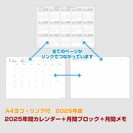 2025年間カレンダー＋月間マンスリーブロック＋月間メモ 【日曜始まり】【全頁リンク付】【ヨコ】【商品No.25_019sy】