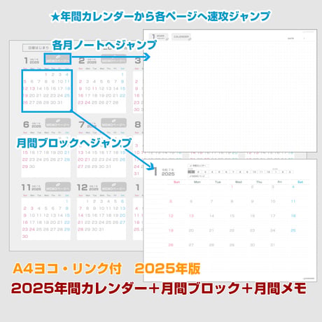 2025年間カレンダー＋月間マンスリーブロック＋月間メモ 【日曜始まり】【全頁リンク付】【ヨコ】【商品No.25_019sy】