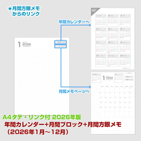 2026年版・年間カレンダー+月間マンスリーブロック+月間メモ 【日曜始まり】【タテ】【商品No.26_033st】