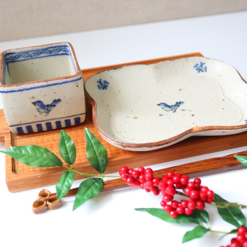 中西申幸　鳥遊戯画　四ツ葉絵皿　4枚セット　チュン　光萌窯 中西申幸 鳥遊戯画 四ツ葉絵皿 4枚セット チュン 光萌窯 光萌窯 中西申