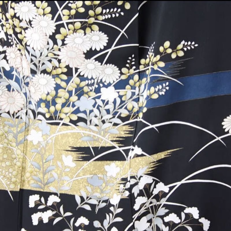 黒留袖 花箱 扇子 美しい花模様 金彩 つくれる 刺繍 KK-1819