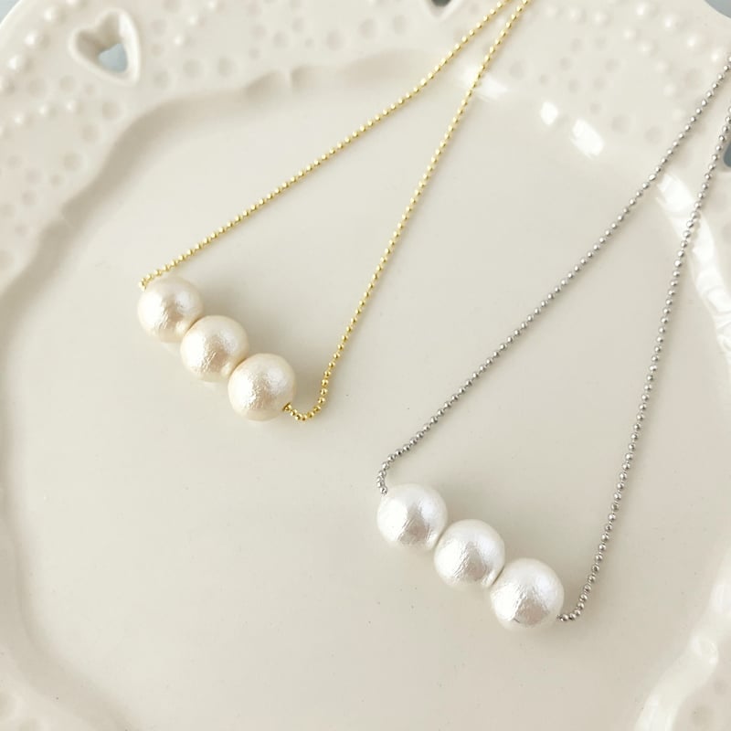 3粒コットンパール ネックレス | ハンドメイド雑貨店 ゆめばこ 