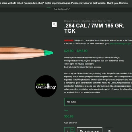 7mm-08Rem SIERRA 165 Gr. TGK Star Line Case 1個