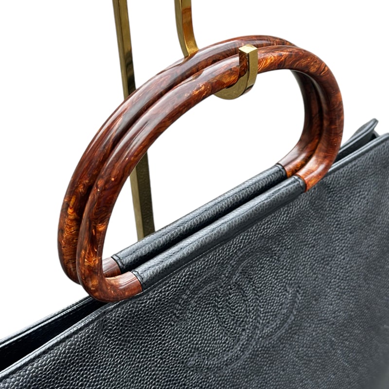 シャネルCHANELヴィンテージVintage鼈甲ウッドハンドルキャビアスキン