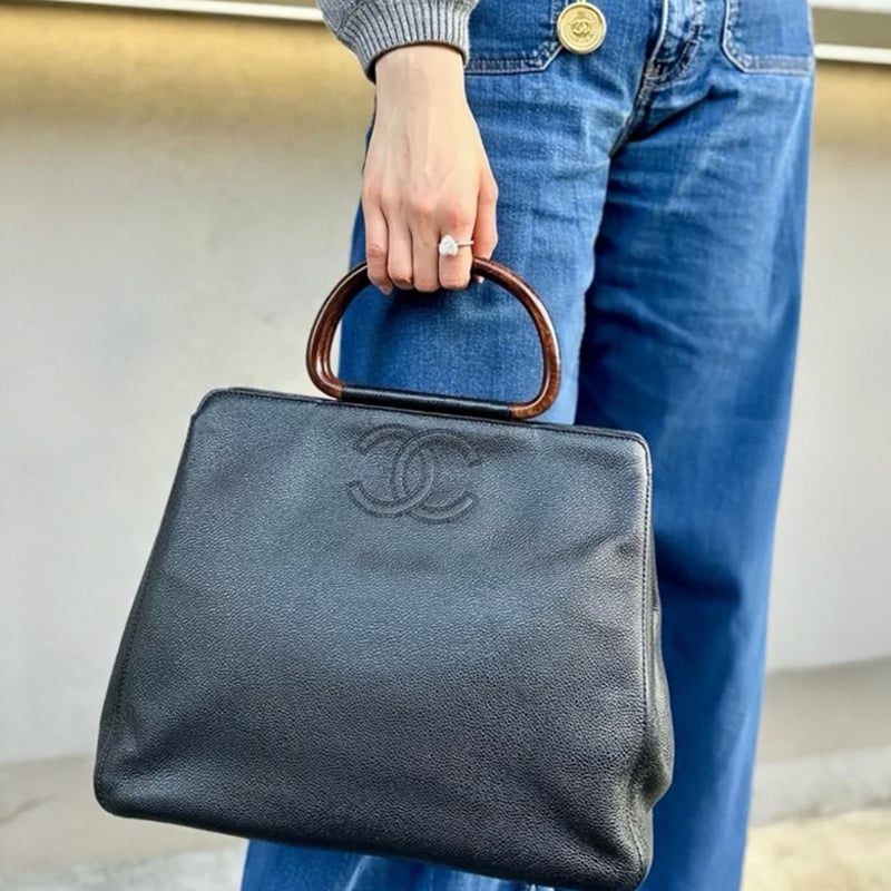 シャネルCHANELヴィンテージVintage鼈甲ウッドハンドルキャビアスキン