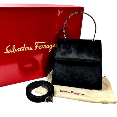 Salvatore FerragamoフェラガモガンチーニヴィンテージVintage台型ベロアラインストーン2wayショルダーハンドバッグ黒ブラック